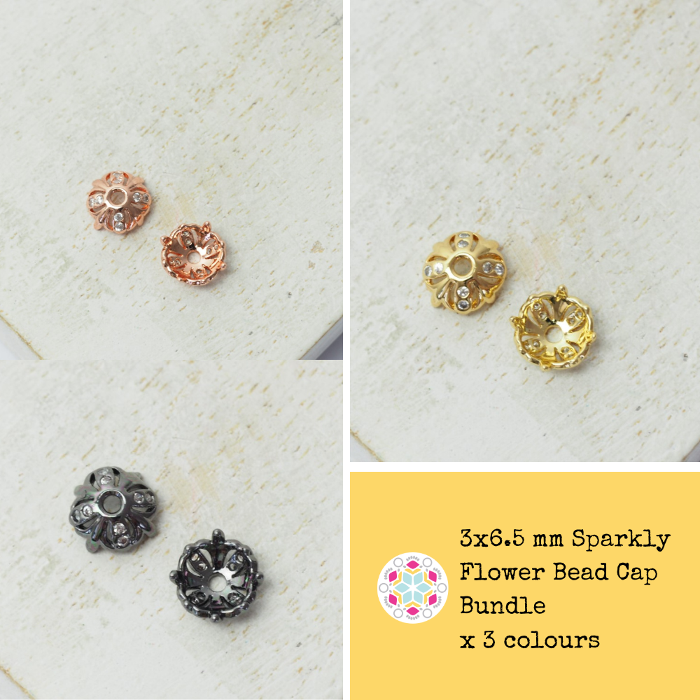 3x6.5 mm Sparkly Flower Bead Cap Bundle x 3 colours