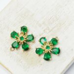 14x16 mm flower glass drop Emerald in gold setting x 2 pc(s)