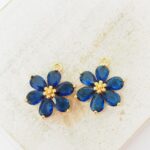 14x15 mm Flower glass drop  in gold setting  Dark Blue x 2 pc(s)