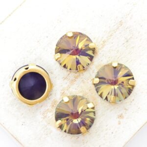 12 mm rivoli round glass cabochon Passionfruit Rainbow with gold-colored claw x 4 pc(s)