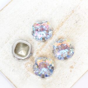 11x11 mm square glass cabochon Blue Lagoon AB with silver-colored claw x 4 pc(s)