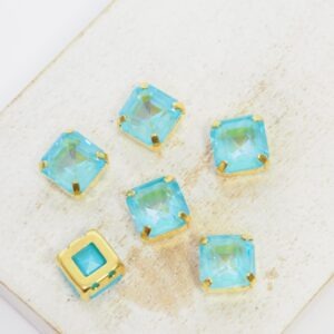 8x8 mm square glass cabochon Aquamarine Shine with gold-colored claw x 6 pc(s)